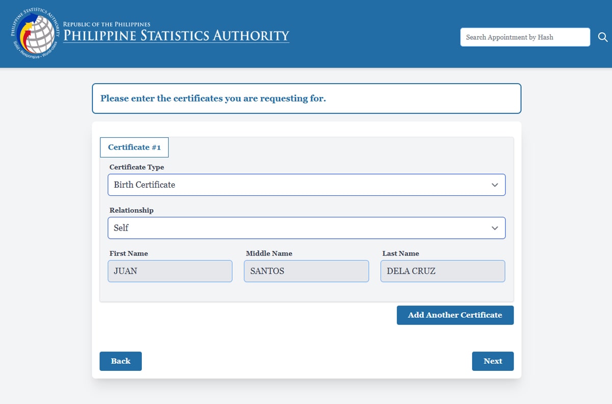 Selecting the type of PSA certificate online, such as a PSA birth certificate